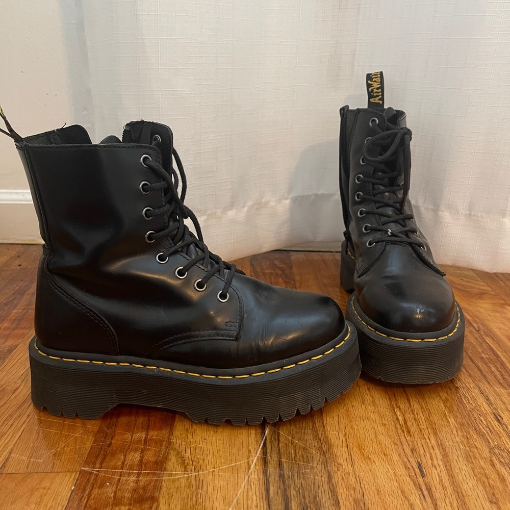 Dr. Martens Black Platform Combat Boots with Yellow Stitching